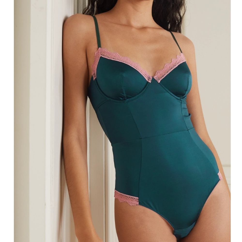 Dora Larsen Teal/Pink Stretch Satin Lace Trim Bodysuit